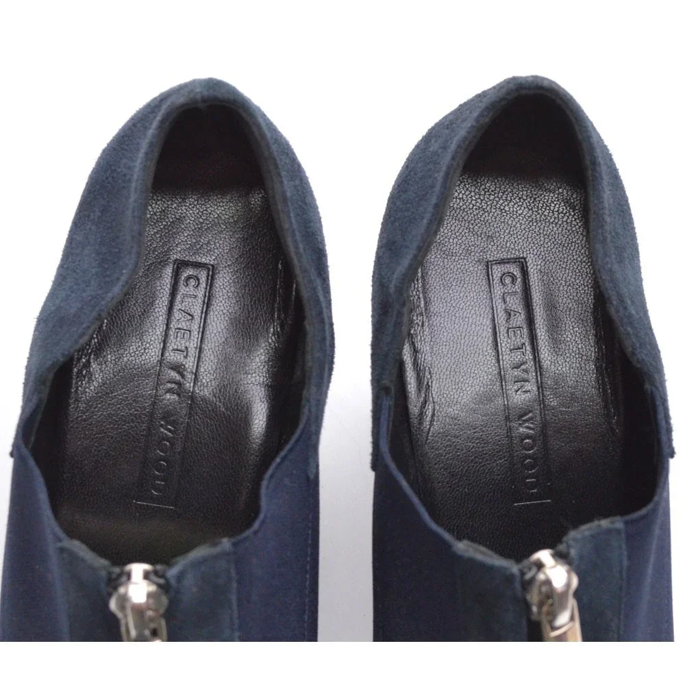 Claetyn Wood Blue Suede Top Zip Heeled Booties 39 New